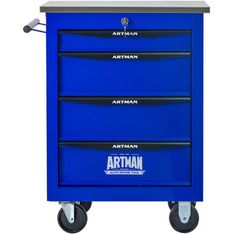 Chariot à outils 4 tiroirs roulettes métal toit acier inox garage atelier noir bleu