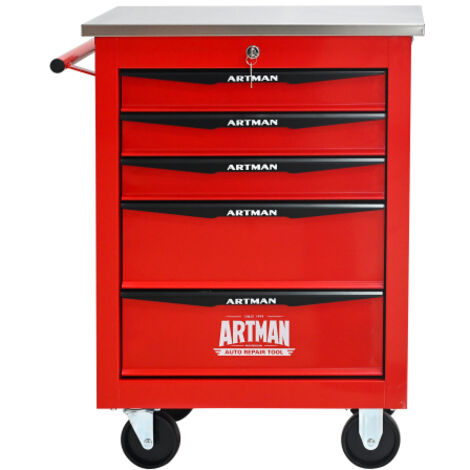 Chariot à outils 5 tiroirs métal roues toit acier inoxydable rouge et noir