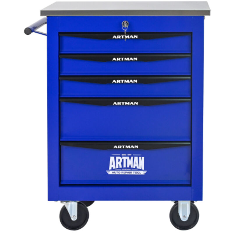 Chariot à outils 5 tiroirs métal roues toit acier inoxydable noir et bleu