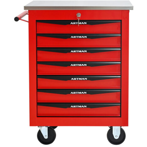 Chariot à outils 7 tiroirs métal roues toit acier inoxydable rouge et noir