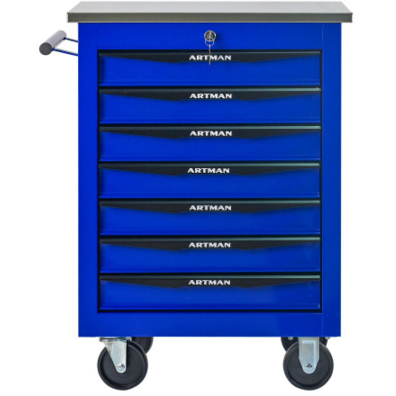 Chariot à outils 7 tiroirs métal roues toit acier inoxydable noir et bleu