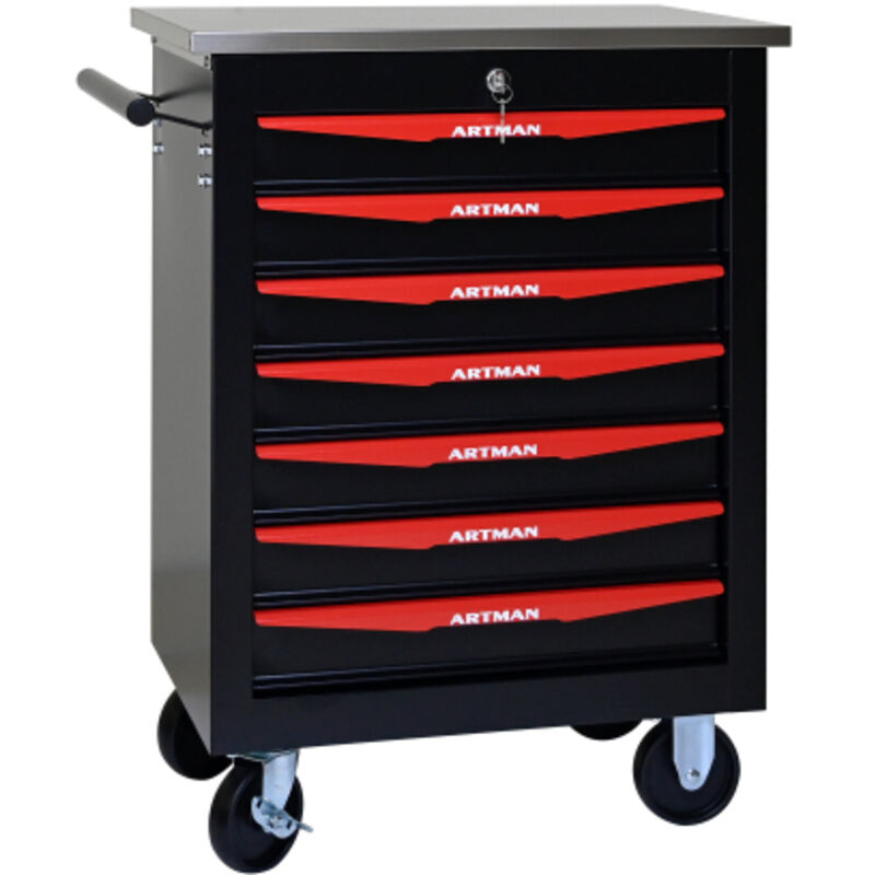 Chariot à outils 7 tiroirs métal roues toit acier inoxydable noir et rouge