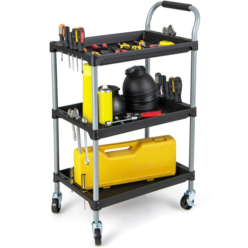 Costway - Chariot à Outils à 3 Niveaux, Chariot Roulant avec Étagères en Polypropylène, Poignée Rembourrée et Roue Pivotante pour Garage, Entrepôt,