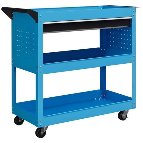 Chariot à outils avec poignée et panneau latéral, tiroir et 3 étagères, chariot d'atelier à 4 roues (dont 2 avec freins) en tôle d'acier pour garage, 82 x 35 x 76 cm, bleu