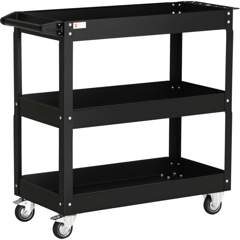 Chariot à outils DURHAND à 3 niveaux, 4 roulettes, acier, 83 cm (L) x 35,3 cm (P) x 76 cm (H), noir