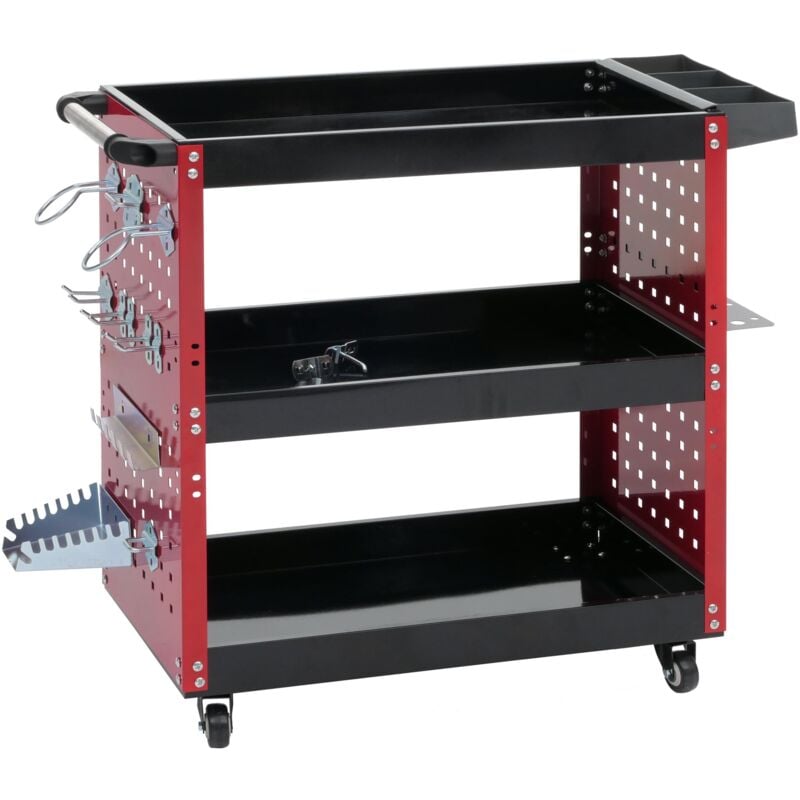 HHG - Chariot à outils 143, chariot à roulettes Chariot d'atelier, roulettes Poignée 3 plateaux Grille perforée, acier 73x90x35cm rouge