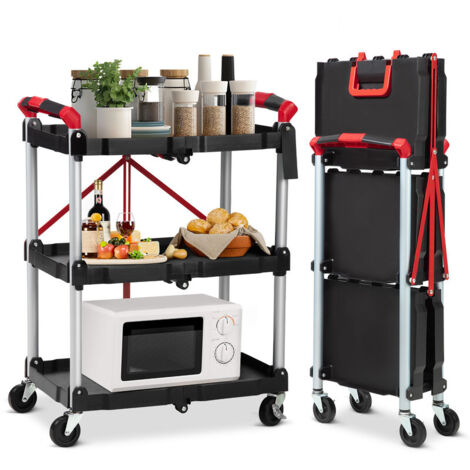 Chariot à Outils Pliant à 3 Niveaux,Chariot de Service Pliable et Repliable avec Roues Universelles 4 Rainures et Mains Courantes Servante d’Atelier Charge 45 kg