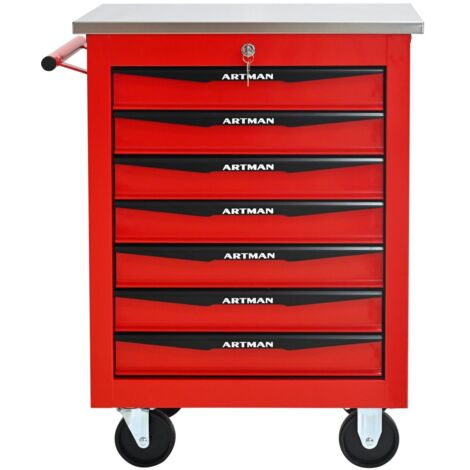 Chariot à outils roulant métal 7 tiroirs, toit acier inox, Rouge et noir - Mobile pour garage, atelier, réparation 56,6x34,5x78cm