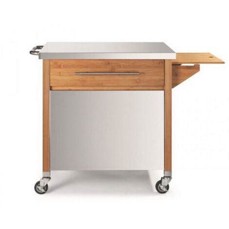 Chariot à plancha en bambou 75 x 55 cm – 1 tiroir en inox – Tablette latérale repliable – 4 roulettes dont 2 avec frein