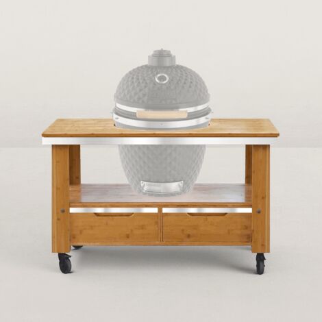 Chariot à plancha en bois de bambou massif 130 x 80 cm – 2 tiroirs de rangement – Grande poignée inox – Pour espaces extérieurs