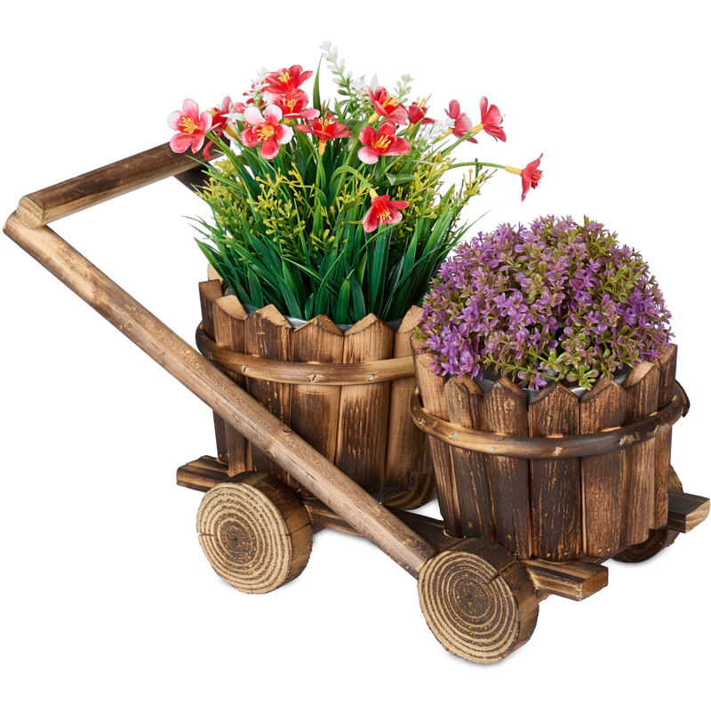 Chariot décoratif avec 2 pots de fleurs, à planter directement, HxLxP: 19x17,5x37 cm, jardinière bois, marron - Relaxdays