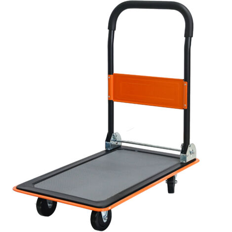 Chariot à plateforme plat, capacité 150 kg, roues pivotantes 360°, diable pliable pour chargement et stockage, entrepôt orange