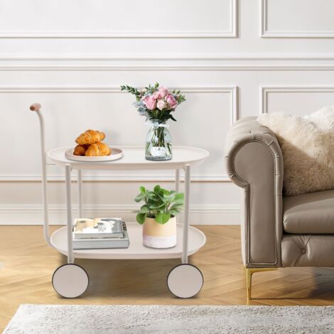 Chariot à roulettes avec poignée, petit chariot de rangement à deux niveaux pour bar, chariot à boissons, table d'appoint mobile pour canapé avec plateaux, pour la maison, blanc