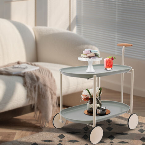 Chariot à roulettes avec poignée, petit chariot de rangement à deux niveaux pour bar, chariot à boissons, table d'appoint mobile pour canapé avec plateaux, pour la maison, vert