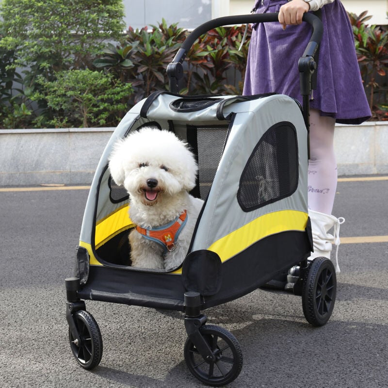 Bingo Paw - Poussette buggy pliable chien chat Chariot à roulettes gris pour petit animaux avec frein de sécurité avec 3 portes ouvrés Oxford Charge
