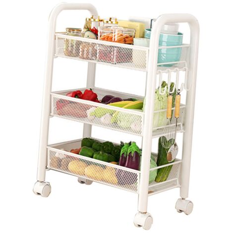Chariot à Roulettes Rolling Cart Kit Multifonction 3 Étages Blanc en Métal Amovible Rangement Snack Paniers Cuisine