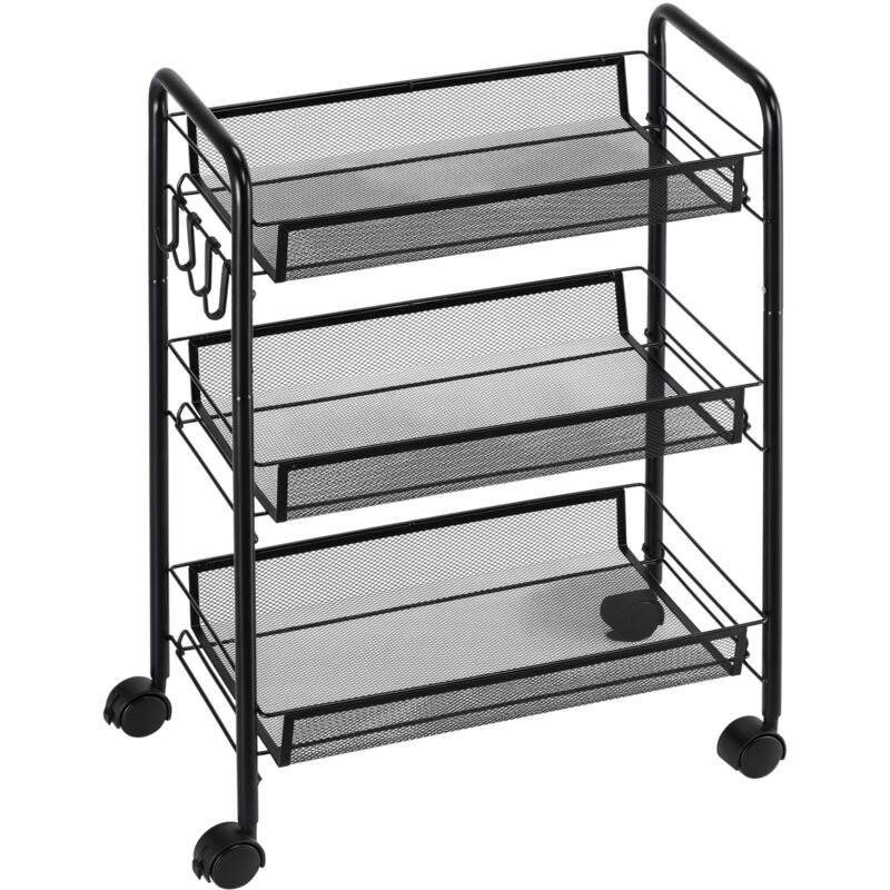 Chariot à trois niveaux avec paniers, chariot de rangement à roulettes, 45 x 26,5 x 63 cm, noir
