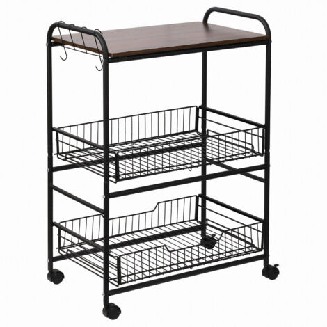 Chariot alimentaire style industriel 4 roues 2 paniers 4 crochets 60x38x85,5 cm brun noir