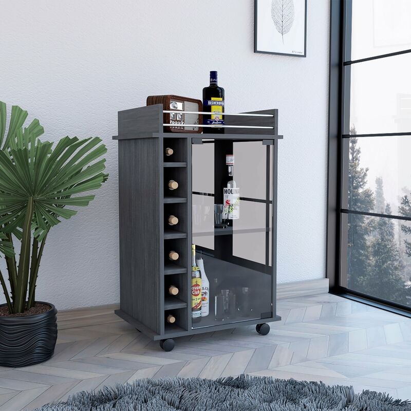 Tuhome Concept - Chariot de bar Dukat, avec roues et porte en verre 89CM l x 55CM p x 41.5CM p Chêne Gris