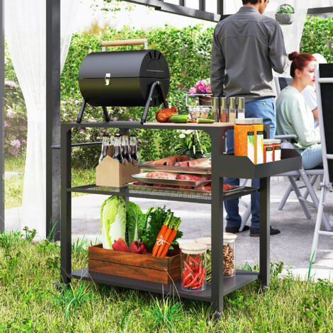 Chariot barbecue 3 étages noir 105x50x79cm,roues étagères travail,structure acier inoxydable jardin/patio