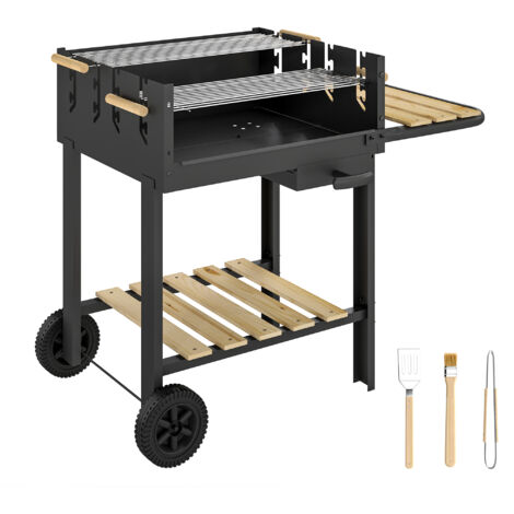 Chariot barbecue bois 2 grilles réglables, charbon de bois sur roues, tablette latérale, noir