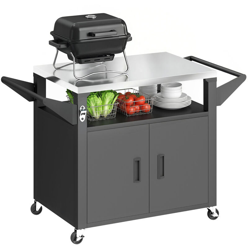 Desserte jardin - chariot barbecue - Outsunny - plan de travail Inox étagère coulissante armoire de rangement - 117x55x78cm - noir