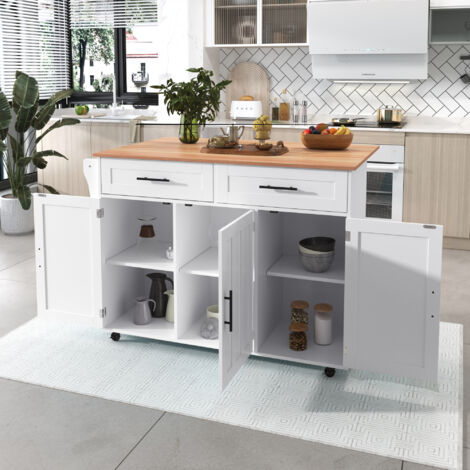 Chariot buffet blanc 129x46(71)x91,5cm table pliante,étagères intérieures,5 roues,placards et 2 tiroirs pour salle à manger.