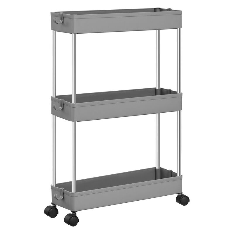 Songmics - Chariot, Chariot de Cuisine à 3 Niveaux, Étagère de Cuisine, Étagère Étroite, avec 6 Crochets, Structure en Acier, Salle de Bain, 14,4 x