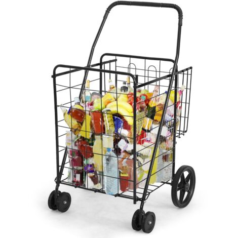 Chariot Courses Pliable 4 Roues Métal Pivotantes 2 Panier Linge Courses Capacité 40Kg Noir CW21684
