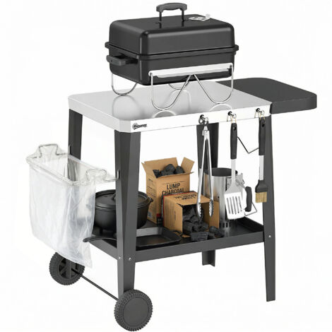 Chariot cuisine sur roues, crochet, porte-rouleau papier, support sacs poubelle, inox 115x67,5x80,5 cm, noir.