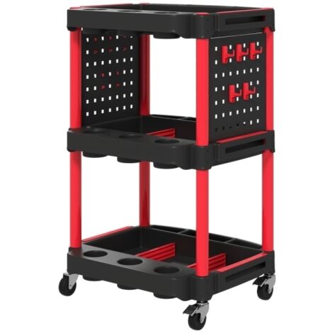 Chariot d'atelier à 3 étagères latérales, porte-outils avec 10 crochets, support pour garage et entrepôt, charge maximale de 91 kg, noir