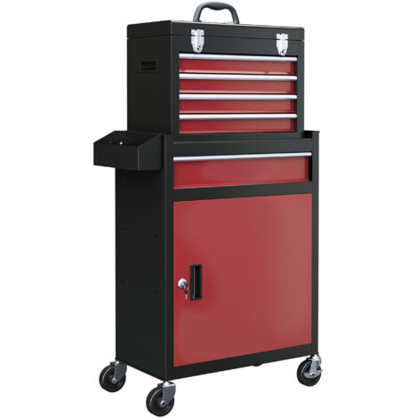 Chariot d'atelier à roulettes, chariot à outils 5 tiroirs verrouillable, armoire de montage mobile avec glissières à billes, capacité max 130 kg, acier, noir+rouge