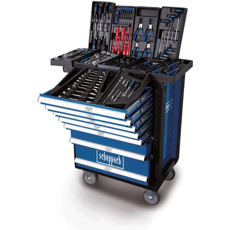 Scheppach - Servante d'atelier TW1000 Set d'outils - Chariot d'outillage avec 4 roulettes - 263 pièces incluses - Verrouillable et Mobile - 7 tiroirs