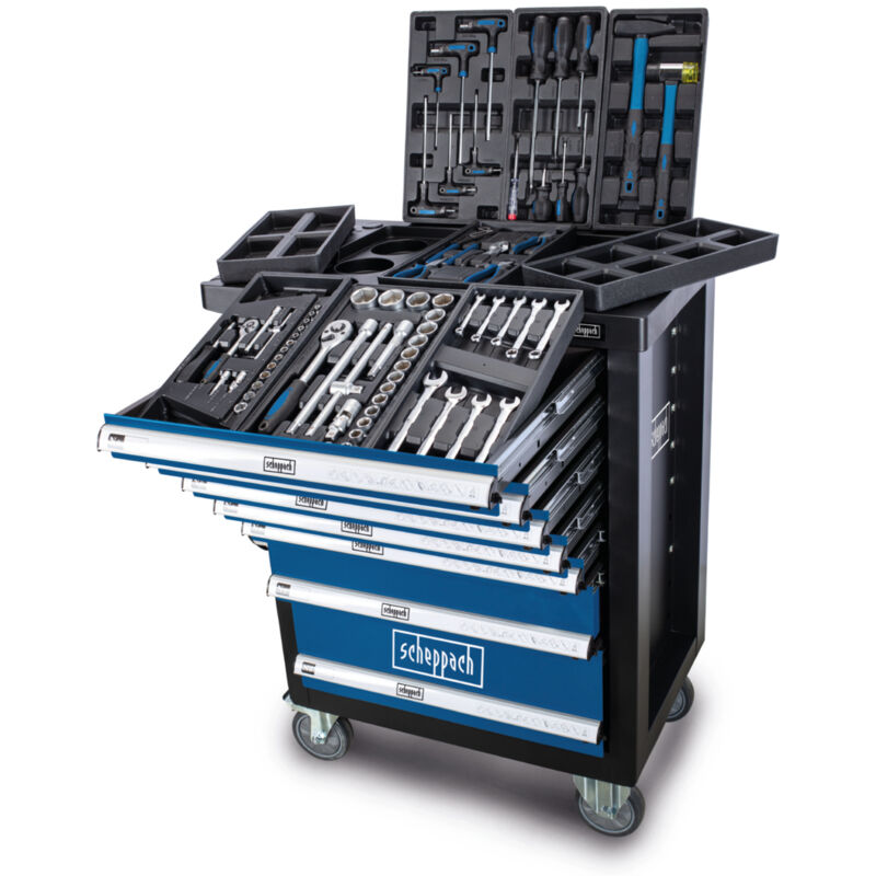 Scheppach - Servante d'atelier TW1100 Set d'outils - Chariot d'outillage avec 4 roulettes - 70 pièces incluses - Verrouillable et Mobile - 7 tiroirs