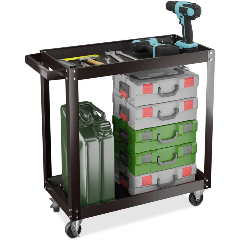 Chariot d'atelier, 2 niveaux, charge maximale : env. 100 kg, h x l x p : 76 x 78 x 35 cm, noir - Relaxdays
