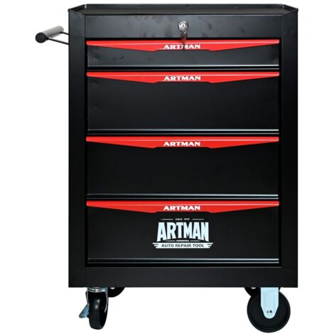 Chariot d'atelier métal 4 tiroirs 52,4x33x77,7cm - Coffre à outils roulant avec glissières à billes, rangement acier Noir et rouge pour garage