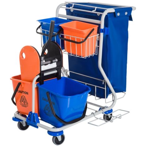 Chariot d'atelier-Mobilier-de-Nettoyage-4-Seaux-Avec-Roues-Systeme-Compact-Bleu-Orange-93x80x97(cm)