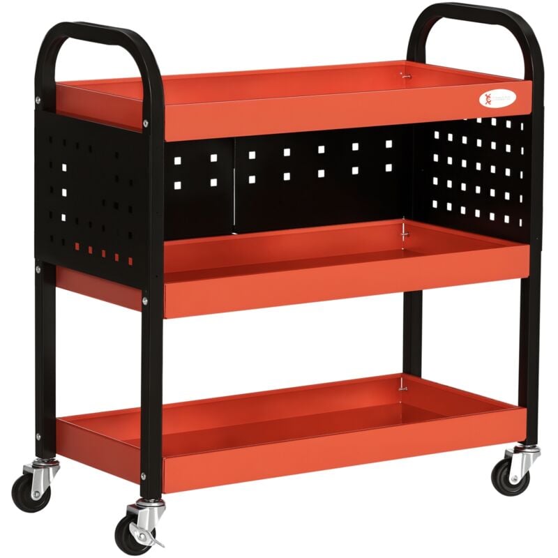 Durhand - Chariot d'atelier servante 3 niveaux 3 panneaux perforés max. 100 Kg acier rouge noir