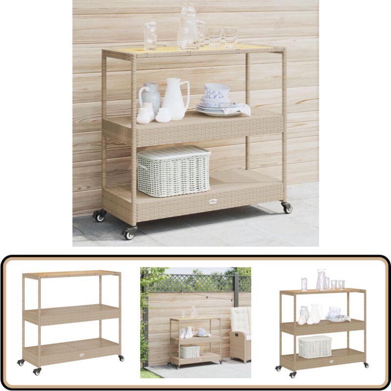 Chariot de bar 3 niveaux beige rotin et bois d'acacia massif - Chariot De Bar - Chariot De Cuisine - Meuble De Rangement - Mobilier Extérieur