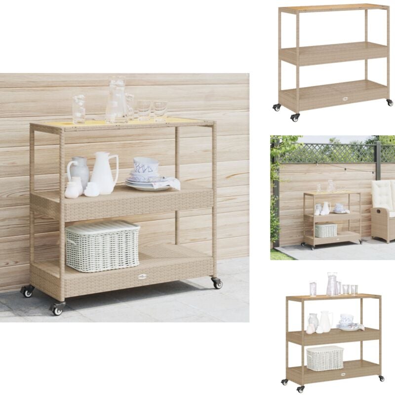 Chariot de bar 3 niveaux beige rotin et bois d'acacia massif - Chariot De Bar - Chariot De Cuisine - Meuble De Rangement - Mobilier Extérieur
