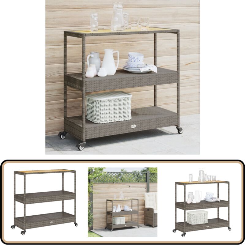 Chariot de bar 3 niveaux gris rotin et bois d'acacia massif - Chariot De Bar - Chariot De Cuisine - Chariot à Boissons - Meuble De Rangement