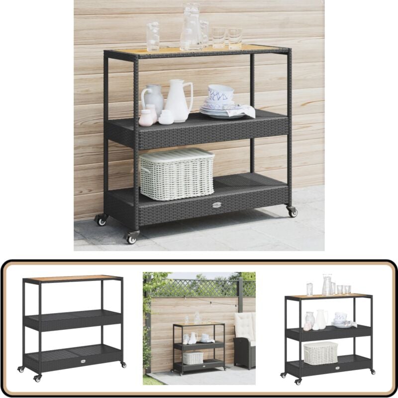 Chariot de bar 3 niveaux noir rotin et bois d'acacia massif - Chariot De Bar - Chariot De Cuisine - Chariot à Boissons - Meuble De Rangement