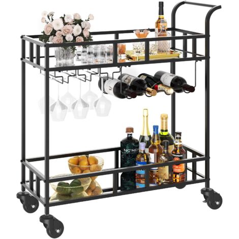Chariot de Bar à Roulettes 2 Niveaux – Étagères Miroir, Porte-Bouteilles et Verres, Dessert Roulant Métal Compact, Noir