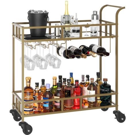 Chariot de Bar à Roulettes 2 Niveaux – Étagères Miroir, Porte-Bouteilles et Verres, Dessert Roulant Métal Compact, Or