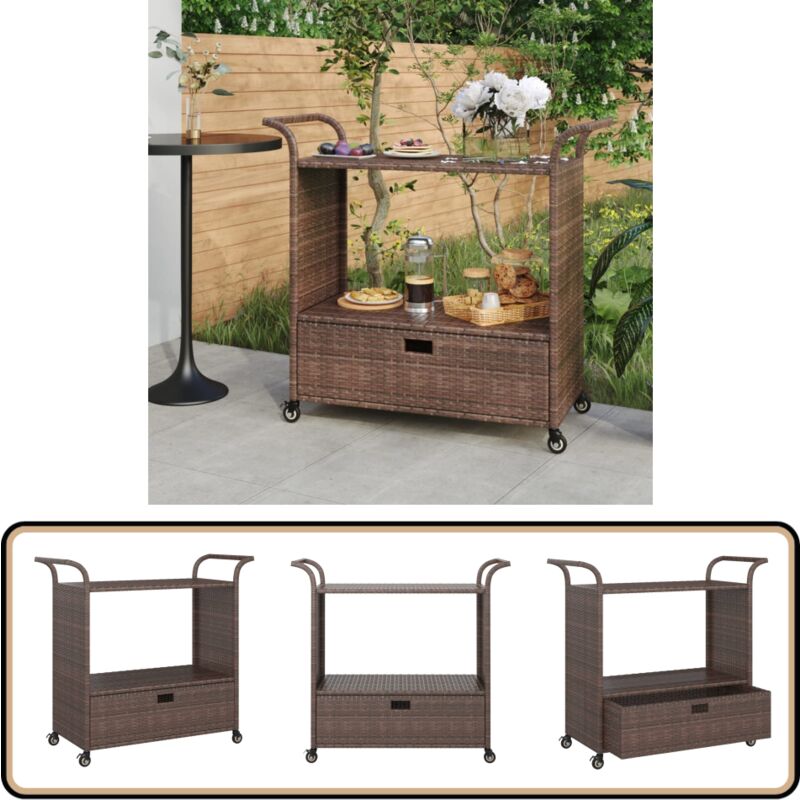 Chariot de bar avec tiroir Marron 100x45x97 cm Résine tressée - Chariot De Bar - Chariot De Service - Chariot Roulant - Meuble De Rangement