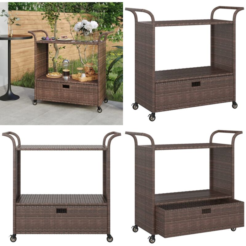 Chariot de bar avec tiroir Marron 100x45x97 cm Résine tressée - Chariot De Bar - Chariot De Service - Chariot Roulant - Meuble De Rangement