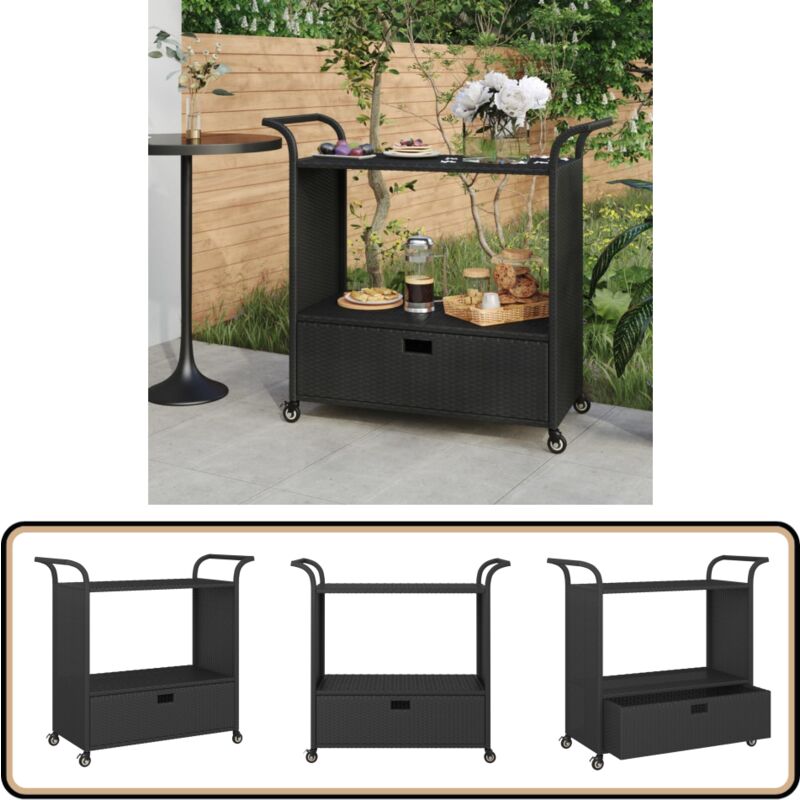 Chariot de bar avec tiroir Noir 100x45x97 cm Résine tressée - Chariot De Bar - Chariot De Service - Chariot Roulant - Meuble De Rangement - Mobilier
