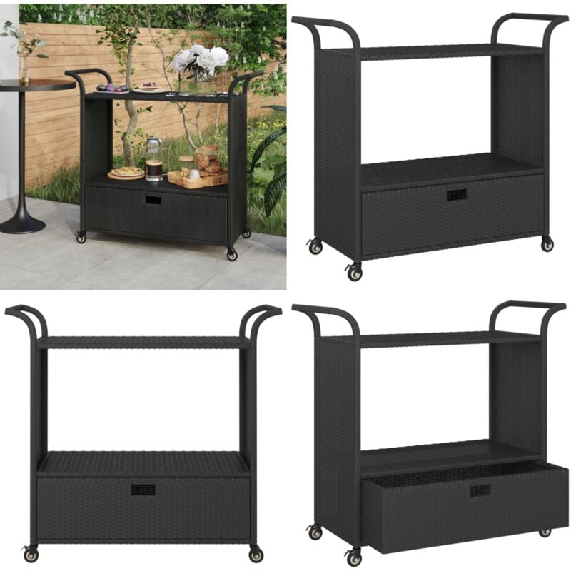 Chariot de bar avec tiroir Noir 100x45x97 cm Résine tressée - Chariot De Bar - Chariot De Service - Chariot Roulant - Meuble De Rangement - Mobilier