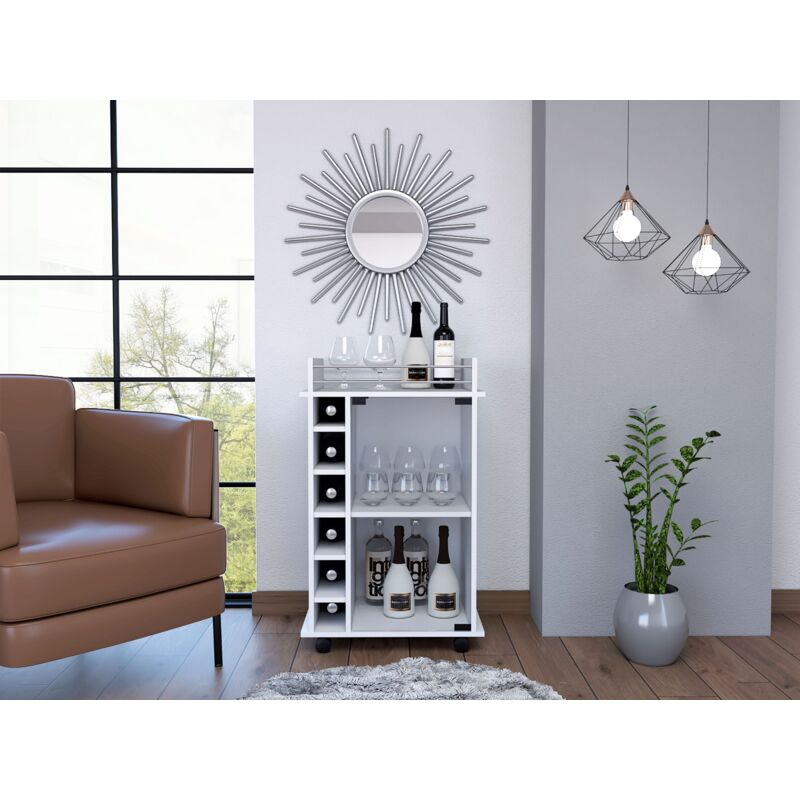 Chariot de bar Dukat en mélamine avec 6 porte-bouteilles, 3 étagères et 4 roulettes, blanc , 89 cm X 55 cm X 41.5 cm