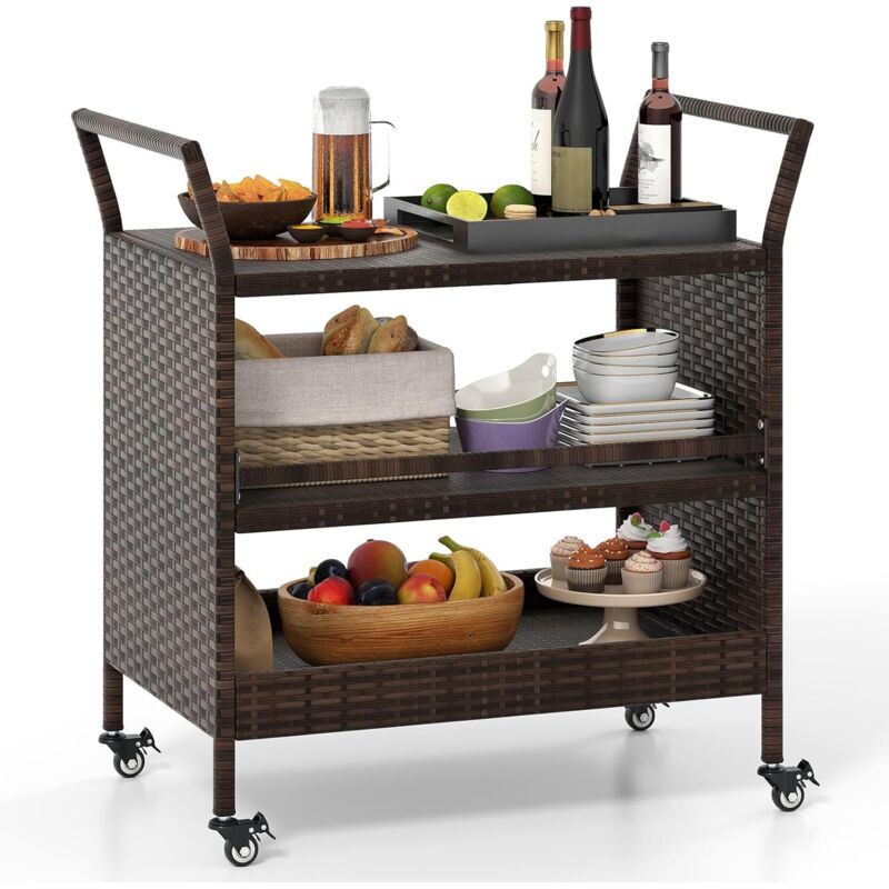 Chariot de Bar Extérieur, Étagère de Rangement en Rotin à 3 Niveaux avec Roues Universelles Verrouillables & Poignées Latérales, 86 x 50 x 89 cm